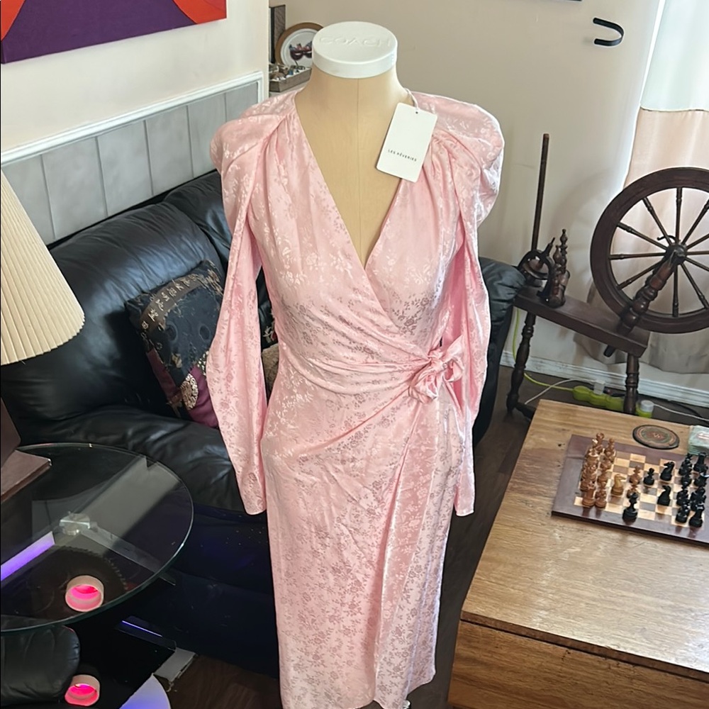 Light Pink Long-Sleeve Wrap Midi Dress with Waist Tie